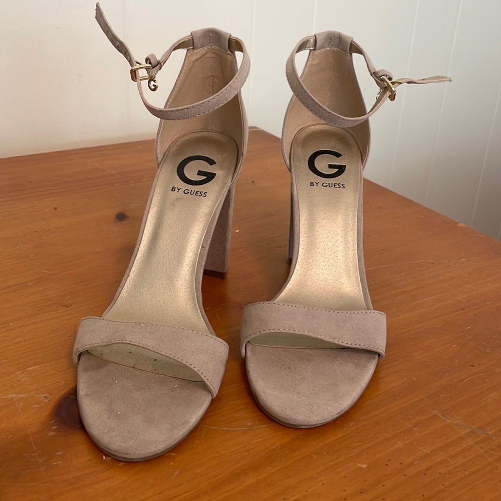 Guess sandals.  High heel.  Block heel.  Nude color suede.